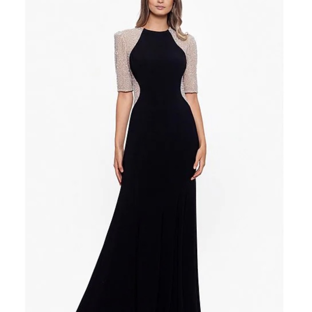 Beaded Short Sleeved Crew Neck Jersey Sheath Gown